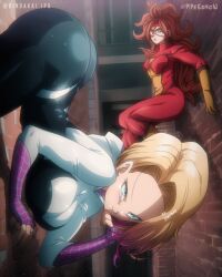 Rule 34 | 2girls, android, android 18, android 21, ass, blonde hair, blue eyes, bodysuit, breasts, brown hair, color connection, cosplay, dragon ball, dragon ball fighterz, dragonball z, expressionless, highres, large breasts, long hair, looking at viewer, marvel, medium breasts, multiple girls, red hair, short hair, spider-gwen, spider-gwen (cosplay), spider-man: into the spider-verse, spider-man (series), spider-verse, spider-woman, thighs, wall, wide hips