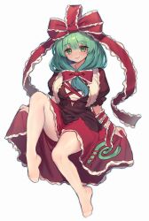Rule 34 | 1girl, absurdres, bow, breasts, brown dress, closed mouth, commission, dress, frilled bow, frilled ribbon, frills, full body, green eyes, green hair, hair bow, hair ribbon, highres, kagiyama hina, large breasts, long hair, pixiv commission, qiu ju, red bow, red ribbon, ribbon, short sleeves, simple background, smile, solo, touhou, white background