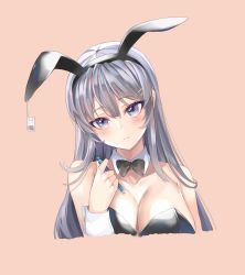 Rule 34 | 10s, 1girl, absurdres, animal ears, arm at side, bad id, bad pixiv id, bare arms, bare shoulders, black bow, black bowtie, black hairband, black leotard, blush, bow, bowtie, breasts, brown background, cleavage, closed mouth, collar, collarbone, commentary, cropped torso, detached collar, fake animal ears, female focus, hair between eyes, hairband, hand up, head tilt, highres, holding, holding pencil, huyou (awegk), large breasts, leotard, long hair, mechanical pencil, multicolored hair, neck, pencil, pink background, pink hair, playboy bunny, purple eyes, rabbit ears, red hair, sakurajima mai, seishun buta yarou, simple background, solo, strapless, strapless leotard, streaked hair, symbol-only commentary, upper body, very long hair, wrist cuffs