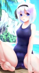 Rule 34 | 1girl, ass, barefoot, beach, black hairband, blue eyes, blue one-piece swimsuit, blunt bangs, blurry, bob cut, covered navel, day, depth of field, evandragon, hairband, highres, konpaku youmu, looking at viewer, one-piece swimsuit, shore, short hair, silver hair, solo, spread legs, swimsuit, touhou