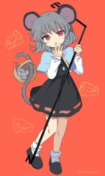 Rule 34 | 1girl, animal, animal ears, basket, black dress, black footwear, blue capelet, blush, capelet, dress, grey hair, highres, jewelry, long sleeves, mouse (animal), mouse ears, mouse tail, nazrin, one-hour drawing challenge, parted lips, pendant, ramudia (lamyun), red background, red eyes, shoes, short hair, simple background, socks, solo, tail, touhou, white socks