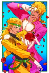 Rule 34 | 2boys, blonde hair, bracelet, braid, cosplay, dio brando, dio brando (cosplay), evil smile, father and son, flower, giorno giovanna, giorno giovanna (cosplay), gooonja, green lips, highres, jacket, jewelry, jojo no kimyou na bouken, long hair, looking at viewer, male focus, multiple boys, red eyes, red flower, red rose, rose, smile, stardust crusaders, vento aureo, yellow jacket