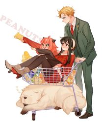 Rule 34 | 1boy, 2girls, :d, anya (spy x family), bag, baguette, black hair, blonde hair, blush, bond (spy x family), boots, bottle, bow, bowtie, box, bread, can, child, dog, dress, english text, food, formal, frown, ginmu, green eyes, groceries, hairband, hairpods, high heel boots, high heels, holding, holding notepad, in shopping cart, lapel pin, long hair, long sleeves, looking ahead, looking down, looking up, multiple girls, necktie, notepad, off-shoulder dress, off shoulder, open mouth, outstretched arm, pantyhose, paper bag, pink hair, pointing, pushing cart, red eyes, shopping cart, short hair, sidelocks, sitting, sleeping, sleeves past wrists, smile, socks, spy x family, standing, standing on one leg, suit, sweat, sweater, sweater dress, traditional bowtie, twilight (spy x family), very long hair, yor briar, zzz