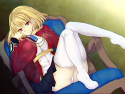 Rule 34 | 1girl, azur lane, black skirt, blonde hair, braid, breasts, cape, chain, chair, closed mouth, commentary, crown braid, dutch angle, epaulettes, feet on chair, head rest, looking at viewer, medium breasts, military, military uniform, no shoes, panties, pantyshot, pleated skirt, prince of wales (azur lane), red eyes, short hair, sitting, skirt, smile, solo, tajima yoshikazu, thighhighs, underwear, uniform, white panties, white thighhighs