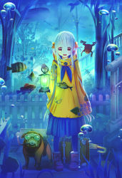 Rule 34 | 1girl, :d, air bubble, aiuabo, angelfish, blue legwear, blue neckerchief, blue skirt, boots, bubble, coat, commentary request, damselfish, dog, fence, fish, floral print, frog, grouper (fish), hair ornament, highres, holding, holding lantern, lantern, long hair, neckerchief, open mouth, original, print coat, raincoat, red eyes, scuba gear, scuba tank, sidelocks, skirt, smile, solo, standing, suitcase, tree, tropical fish, two side up, umbrella, underwater, underwater city, very long hair, whale, white hair, yellow coat