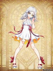 Rule 34 | 1girl, bow, clenched hand, copyright name, dress, dress bow, full body, halterneck, long hair, morino bambi, pandora party project, red ribbon, ribbon, sandals, smile, solo, standing, white dress, white hair, yellow background, yellow eyes