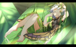 Rule 34 | 1girl, antennae, aqua hair, artist name, barefoot, butterfly wings, dated, dress, eternity larva, fairy, green dress, insect wings, leaf, leaf on head, letterboxed, multicolored clothes, multicolored dress, one eye closed, open mouth, orange eyes, parted lips, short hair, single strap, solo, touhou, wings, yuikannon