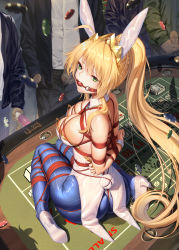 Rule 34 | 1girl, animal ears, arms behind back, artoria pendragon (all), artoria pendragon (fate), artoria pendragon (lancer) (fate), artoria pendragon (swimsuit ruler) (fate), ass, ball gag, bare shoulders, bdsm, blonde hair, blue pantyhose, blush, bondage, bound, breasts, casino, cleavage, detached collar, dildo, drooling, fake animal ears, fate/grand order, fate (series), fishnets, gag, green eyes, hair between eyes, haneru, high heels, highres, holding, large breasts, leotard, long hair, looking at viewer, multiple boys, necktie, pantyhose, penis, playboy bunny, poker chip, ponytail, pov, rabbit ears, sex toy, shibari, shibari over clothes, sidelocks, sitting, tail, wariza, white leotard, wiffle gag, wrist cuffs