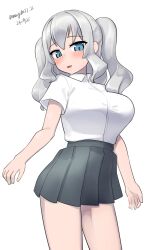 Rule 34 | 1girl, absurdres, blue eyes, breasts, collared shirt, cowboy shot, dated, dress shirt, grey hair, grey skirt, highres, kantai collection, kashima (kancolle), large breasts, long hair, maru (marg0613), one-hour drawing challenge, pleated skirt, school uniform, shirt, short sleeves, skirt, solo, twintails, twitter username, wavy hair, white shirt