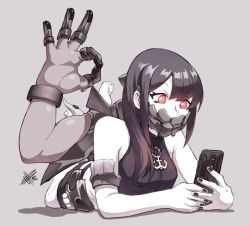 Rule 34 | abyssal ship, black hair, cellphone, feet, kantai collection, lying, mateus upd, ok sign, outer southern sea destroyer princess, phone, red eyes, ship, skirt, watercraft, white skirt