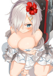 Rule 34 | 10s, 1girl, blue eyes, breast hold, breasts, downblouse, embarrassed, female focus, floral print, flower, from above, hair flower, hair ornament, hair over one eye, hairclip, hamakaze (kancolle), highres, japanese clothes, jonsun, kantai collection, kimono, large breasts, looking at viewer, off shoulder, short hair, silver hair, sitting, solo, yukata