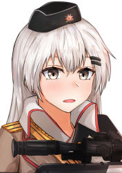 Rule 34 | 1girl, absurdres, black headwear, blush, dragunov svd, girls&#039; frontline, grey eyes, grey hair, gun, hair between eyes, hair ornament, hairclip, hat, highres, holding, holding weapon, huge filesize, long hair, looking at viewer, military hat, muteppona hito, open mouth, red star, rifle, sniper rifle, solo focus, soviet flag, star (symbol), svd (girls&#039; frontline), uniform, weapon, white background