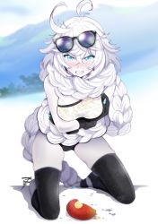 Rule 34 | 1girl, absurdly long hair, abyssal ship, angry, beach, black thighhighs, blue eyes, blush, braid, breasts, closed mouth, eyewear on head, food, hair between eyes, kantai collection, large breasts, long hair, looking at viewer, mountain, ocean, pale skin, single braid, sitting, skindentation, sky, solo, sunglasses, supply depot princess, swimsuit, thighhighs, tree, very long hair, white hair, yamasaki wataru