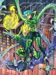 Rule 34 | 1boy, 1girl, aircraft, blonde hair, blue eyes, blue hair, bodysuit, breasts, building, bulma, doctor octopus, dragonball z, evil grin, evil smile, fire, flying, glasses, glider, gloves, green goblin, grin, hand on another&#039;s hip, large breasts, light, looking at viewer, majin vegeta, marvel, night, night sky, olivia octavius, pumpkin, sky, smile, spider-man: into the spider-verse, spider-man (series), spider-verse, tentacles, thigh gap, thighs, throwing, vegeta