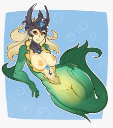 Rule 34 | 1girl, blonde hair, blue background, breasts, breasts out, bubble, colored skin, crown, crystal, fat mons, fins, full body, hand on own hip, highres, jewelry, large breasts, league of legends, mermaid, monster girl, nami (league of legends), navel, nipples, open mouth, outline, pussy, red eyes, smile, solo, splashbrush, uncensored, underwater, water, white outline, yellow skin