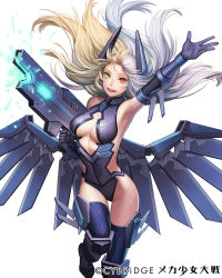 Rule 34 | 1girl, arm up, blonde hair, elbow gloves, esukee, gloves, green eyes, grin, hair ornament, heterochromia, looking at viewer, mecha shoujo taisen z, mechanical wings, multicolored hair, original, red eyes, smile, solo, split-color hair, thighhighs, two-tone hair, white hair, wings