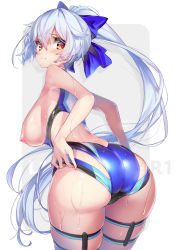 Rule 34 | 1girl, ass, breasts, competition swimsuit, fate/grand order, fate (series), from behind, highres, hong (white spider), large breasts, looking back, nipples, one-piece swimsuit, silver hair, solo, swimsuit, tomoe gozen (fate), tomoe gozen (swimsuit saber) (fate), topless, wet