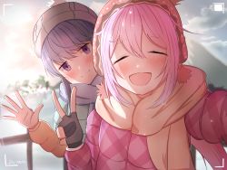 Rule 34 | 2girls, :d, battery indicator, blue hair, blurry, blurry background, blush, closed eyes, closed mouth, coat, commentary, dated, dfd, english commentary, fingerless gloves, gloves, hair between eyes, hand up, hat, highres, kagamihara nadeshiko, long hair, long sleeves, looking at viewer, multiple girls, open hand, open mouth, orange scarf, outdoors, pink coat, pink hair, purple eyes, purple scarf, scarf, selfie, shima rin, smile, sunlight, upper body, v, viewfinder, winter clothes, winter coat, yurucamp