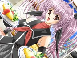 Rule 34 | 1girl, carnelian, elbow gloves, food, futaba karin, game cg, gloves, omelet, omurice, plate, purple hair, sky (game), solo, twintails