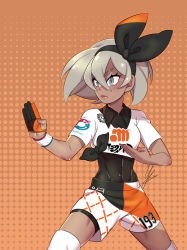 Rule 34 | 1girl, bea (pokemon), black bodysuit, black hairband, blonde hair, bodysuit, bodysuit under clothes, bow hairband, closed mouth, collared shirt, commentary, covered abs, covered navel, creatures (company), dynamax band, fighting stance, floating hair, frown, game freak, gloves, grey eyes, hair between eyes, hairband, highres, knee pads, nintendo, partially fingerless gloves, pokemon, pokemon swsh, print shirt, print shorts, shirt, short hair, short sleeves, shorts, single glove, solo, toned, yuuabyss