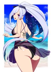 Rule 34 | 1girl, absurdres, ass, beach, bikini, blue hair, blue sky, breasts, brynhildr (fate), cloud, commentary request, day, fate/grand order, fate/prototype, fate/prototype: fragments of blue and silver, fate (series), from behind, hair ornament, highres, long hair, looking at viewer, looking back, mattari yufi, medium breasts, ocean, open mouth, ponytail, purple eyes, sarong, see-through, see-through sarong, sky, smile, solo, sparkle, swimsuit