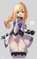Rule 34 | 1girl, alice gear aegis, black gloves, blonde hair, board game, breasts, cowboy shot, gloves, green eyes, grey background, highleg, highleg leotard, leotard, long hair, multicolored leotard, noelle francesca, ponytail, red cat hood, shogi, small breasts, smile, solo, standing, thick thighs, thighhighs, thighs, white leotard, white thighhighs