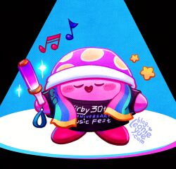 Rule 34 | anniversary, black shirt, blush stickers, closed eyes, colored skin, glowstick, holding, holding glowstick, kirby, kirby (series), kirby 30th anniversary music festival, leonieyue, musical note, nintendo, no humans, pink skin, purple headwear, shirt, signature, solo, sparkle, star (symbol)