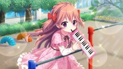 Rule 34 | 1girl, aged down, blurry, blurry foreground, bow, building, child, closed mouth, day, dot nose, dress, film grain, floral print, flower bed, frilled dress, frills, game cg, haeno akari, hair bow, hedge, horizontal bar, instrument, izumi tsubasu, keyboard (instrument), lens flare, long hair, looking at viewer, mouth hold, music, non-web source, official art, orange hair, outdoors, pink dress, playground, playing instrument, print dress, purple eyes, re:stage!, red bow, sand, solo, sparkle, tire, tree, two side up, white sleeves, window