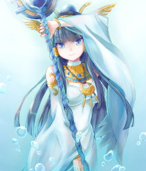 Rule 34 | 1girl, blue eyes, blue hair, crescent, dress, hair tubes, hairband, isis (p&amp;d), jewelry, long hair, lots of jewelry, matching hair/eyes, pendant, puzzle &amp; dragons, sidelocks, smile, solo, staff, tsunakan, tsurime, white dress, wide sleeves