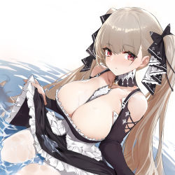 Rule 34 | 1girl, absurdly long hair, absurdres, azur lane, bare shoulders, between breasts, black dress, blunt bangs, blush, breasts, cleavage, commentary request, corset, dress, earrings, formidable (azur lane), frilled dress, frills, ghost cc, grey hair, hair ribbon, head tilt, highres, holding, holding clothes, holding dress, holding skirt, jewelry, large breasts, light brown hair, long hair, looking at viewer, pantyhose, red eyes, ribbon, see-through, sitting, skirt, solo, twintails, two-tone dress, two-tone ribbon, very long hair, wading, water, wet, wet clothes, wet pantyhose, white pantyhose