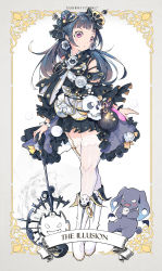 Rule 34 | 1girl, :o, armband, bad id, bad pixiv id, badge, black ribbon, blue hair, blunt bangs, blush stickers, boots, border, bracelet, button badge, character name, crossed legs, detached sleeves, earrings, english text, facial mark, flask, flower, flower earrings, frilled sleeves, frills, full body, garter straps, grey border, hair bun, hair flower, hair ornament, hair stick, highres, jewelry, lace, lace-trimmed legwear, lace trim, long hair, love live!, love live! sunshine!!, overskirt, purple eyes, qianqian, rabbit, ribbon, sash, side bun, single side bun, skull, solo, staff, standing, thighhighs, tsushima yoshiko, white footwear, white thighhighs