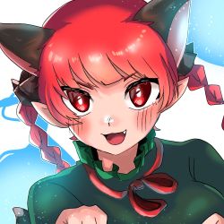 Rule 34 | 1girl, :3, :d, animal ears, black bow, bow, braid, cat ears, cat tail, dress, extra ears, fang, green dress, hair bow, kaenbyou rin, kashiwara mana, multiple tails, open mouth, paw pose, pointy ears, red eyes, red hair, smile, solo, tail, touhou, twin braids