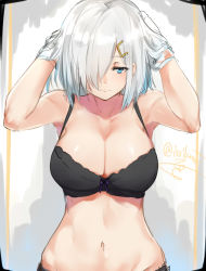 Rule 34 | 10s, 1girl, arms up, bare shoulders, black bra, black panties, blue eyes, bra, breasts, gloves, hair flip, hair over one eye, half-closed eyes, hamakaze (kancolle), hand in own hair, isshiki (ffmania7), kantai collection, large breasts, looking at viewer, navel, panties, signature, silver hair, solo, stomach, twitter username, underwear, underwear only, white gloves