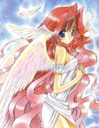 Rule 34 | 1990s (style), 1girl, blue background, dress, feathers, head wings, long hair, nanase aoi, purple eyes, red hair, retro artstyle, seraphim call, simple background, solo, very long hair, wings