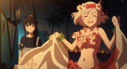 Rule 34 | 2girls, animated, animated gif, bikini, black hair, blonde hair, bouncing breasts, bracelet, breasts, cleavage, closed eyes, collarbone, flower, frilled skirt, frills, hair flower, hair ornament, hair ribbon, head wreath, hibiscus, inoue takina, jewelry, lycoris recoil, medium breasts, multiple girls, navel, nishikigi chisato, open mouth, outdoors, overalls, palm tree, ponytail, red ribbon, red skirt, ribbon, short hair, sidelocks, skirt, skirt hold, smile, stomach, strapless, swimsuit, tree, tube top