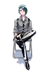 Rule 34 | 1girl, ahoge, androgynous, black footwear, black necktie, black pants, bright pupils, chair, collared shirt, commentary, creatures (company), crossed legs, folding chair, full body, game freak, green hair, grey shirt, hair over one eye, half-closed eyes, hands in pockets, highres, looking at viewer, low ponytail, necktie, nintendo, on chair, one eye covered, pants, pokemon, pokemon sv, pon (ponymmtknsk), red eyes, reverse trap, rika (pokemon), shirt, shoes, signature, simple background, sitting, smile, solo, suspenders, swept bangs, twitter username, white background, white pupils