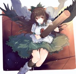 Rule 34 | 1girl, abusoru, arm cannon, black socks, black wings, bow, breasts, brown hair, cape, feathered wings, green bow, green skirt, hair bow, kneehighs, large breasts, light smile, long hair, looking at viewer, puffy short sleeves, puffy sleeves, red eyes, reiuji utsuho, shirt, short sleeves, sketch, skirt, socks, solo, third eye, touhou, weapon, white shirt, wings