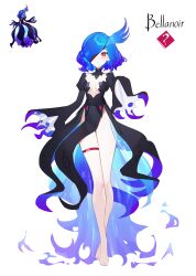 Rule 34 | 1girl, absurdres, barefoot, bellanoir, black dress, blue hair, breasts, bright pupils, character name, cleavage, closed mouth, creature and personification, dress, eyepatch, frown, full body, gradient hair, highres, juliet sleeves, long legs, long sleeves, multicolored hair, palworld, personification, puffy sleeves, purple hair, red eyes, reference inset, reiko lape, short hair, simple background, sleeves past fingers, sleeves past wrists, small breasts, solo, thigh strap, torn clothes, torn sleeves, two-tone hair, white background, white pupils
