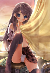 Rule 34 | 1girl, bad id, bad pixiv id, black thighhighs, blue eyes, blush, breasts, brown hair, brown skirt, chair, cleavage, collarbone, colored eyelashes, curtain grab, curtains, desk, eyelashes, leg up, long hair, miniskirt, no bra, no shoes, notebook, off shoulder, on desk, open clothes, original, panties, plaid, plaid skirt, pleated skirt, scarlet (studioscr), sitting, on desk, skirt, small breasts, solo, sunset, thighhighs, underwear, white panties, window