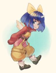 Rule 34 | 1girl, arms behind back, blue eyes, blue hair, bodysuit, boots, bow, eiko carol, final fantasy, final fantasy ix, flat chest, full body, hair bow, horns, looking at viewer, mini wings, own hands together, reiesu (reis), single horn, smile, solo, wings, yellow bow, yellow overalls