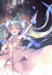 Rule 34 | 1girl, ahoge, aqua hair, arm up, armpits, blue eyes, breasts, character name, cleavage, cowboy shot, dress, floating hair, gin (oyoyo), happy birthday, hatsune miku, highres, long hair, microphone, microphone stand, music, nail polish, open mouth, outstretched arm, singing, sky, solo, star (sky), starry sky, striped clothes, striped dress, tears, thighhighs, twintails, very long hair, vocaloid, white thighhighs
