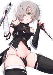 Rule 34 | 1girl, bandaged arm, bandages, bare shoulders, black gloves, black panties, black thighhighs, black vest, breasts, cropped vest, facial scar, fate/apocrypha, fate/grand order, fate (series), fingerless gloves, gloves, green eyes, grin, hair between eyes, hair over one eye, highres, jack the ripper (fate/apocrypha), looking at viewer, mok4suke, navel, open mouth, panties, scar, scar across eye, scar on cheek, scar on face, short hair, shoulder tattoo, small breasts, smile, solo, tattoo, thighhighs, underwear, vest, white hair