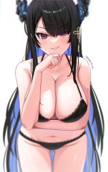 1girl absurdres arm_under_breasts asymmetrical_bangs black_bra black_hair black_panties blue_hair blush bra breasts cleavage colored_inner_hair commentary cowboy_shot flower flower_knot gluteal_fold grin hair_ornament halterneck hand_up highres hololive hololive_english horn_flower lace lace-trimmed_bra lace-trimmed_panties lace_trim large_breasts long_hair looking_at_viewer mole mole_under_eye multicolored_hair navel nerissa_ravencroft panties parted_bangs red_eyes sidelocks simple_background slit_pupils smile solevisionarts solo straight-on straight_hair tassel tassel_hair_ornament underwear very_long_hair virtual_youtuber white_background