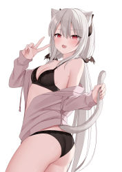 Rule 34 | 1girl, animal ear fluff, animal ears, ass, bare shoulders, black bra, black panties, blush, bra, breasts, cat ears, cat girl, cat tail, cleavage, cowboy shot, highres, holding tail, kamu (geeenius), long hair, long sleeves, looking at viewer, low twintails, off shoulder, open mouth, original, panties, red eyes, sidelocks, simple background, sleeves past wrists, small breasts, straight hair, tail, thighs, twintails, underwear, v, very long hair, white background, white tail