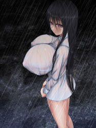Rule 34 | 1girl, aebafuti, black hair, breasts, gigantic breasts, highres, impossible clothes, impossible shirt, long hair, looking at viewer, naked shirt, nipples, purple eyes, rain, see-through, shirt, solo, wet, wet clothes