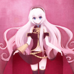 Rule 34 | 1girl, bad id, bad pixiv id, bare shoulders, black thighhighs, blue eyes, clothes lift, curly hair, detached sleeves, empty eyes, koto (colorcube), long hair, looking at viewer, megurine luka, navel, pale skin, pink hair, side slit, skirt, skirt lift, solo, staring, thighhighs, very long hair, vocaloid, zettai ryouiki