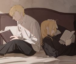 Rule 34 | 2boys, alphonse elric, bed, bed sheet, black pants, blonde hair, book, brothers, closed eyes, closed mouth, collar, collared shirt, edward elric, from side, fullmetal alchemist, gloves, hand on own head, holding, holding book, long hair, long sleeves, lying, male focus, multiple boys, p0ckylo, pants, reading, shirt, siblings, sitting, white gloves, white shirt