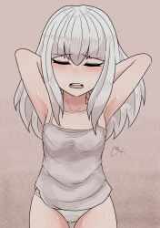 Rule 34 | 1girl, amamitsu9, armpits, arms behind head, arms up, blush, brown background, closed eyes, collarbone, commentary, eyelashes, fire emblem, fire emblem: three houses, flat chest, gradient background, hair between eyes, highres, hot, lysithea von ordelia, nintendo, no pants, open mouth, panties, sidelocks, signature, simple background, sweat, tank top, underwear, upper body, white hair, white panties