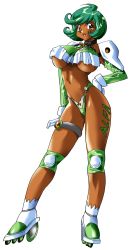 Rule 34 | 1990s (style), 1girl, apple pie (company), breasts, brown eyes, dark-skinned female, dark skin, full body, gloves, green hair, hand on own hip, highres, inline skates, knee pads, large breasts, looking at viewer, navel, non-web source, official art, oni coach, open mouth, retro artstyle, roller skates, short hair, simple background, skates, solo, standing, thigh strap, underboob, white background, white gloves