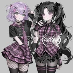 Rule 34 | 2girls, :&lt;, black hair, black nails, black shirt, black skirt, black thighhighs, blush, cellphone, closed mouth, fishnet pantyhose, fishnets, goth fashion, grey background, grey eyes, hair ribbon, highres, holding, holding phone, light purple hair, long hair, looking at viewer, multiple girls, nn1004, original, pantyhose, phone, pink shirt, plaid, plaid sailor collar, plaid shirt, plaid skirt, pleated skirt, purple eyes, ribbon, sailor collar, shirt, short hair, short sleeves, short twintails, skirt, smile, thighhighs, twintails
